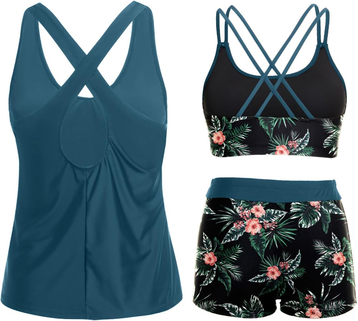 Size M Holipick 3 Piece Tankini Swimsuits for Women Tummy Control Bathing Suits Swim Tank Top with Bra Boy Shorts Teen Swimwear